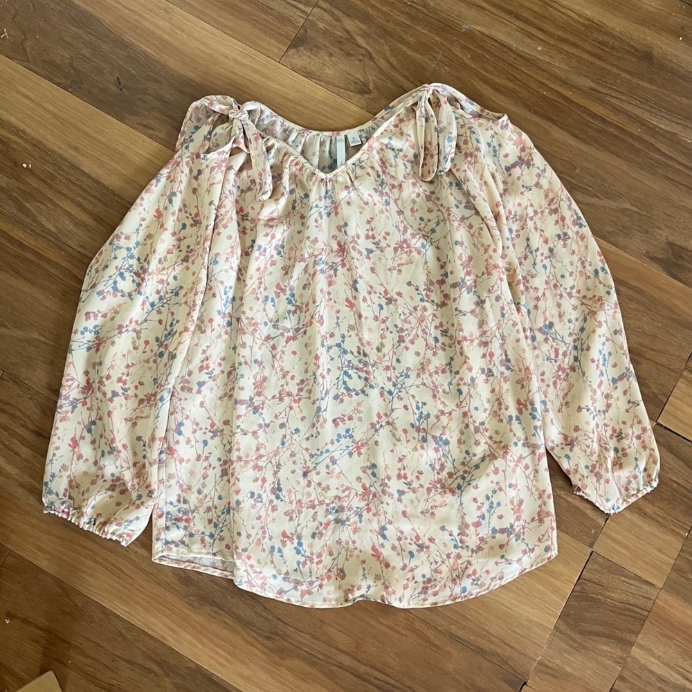 LC Lauren Conrad Floral Cold Shoulder Tie Blouse Cream Pink Blue XL Boho office